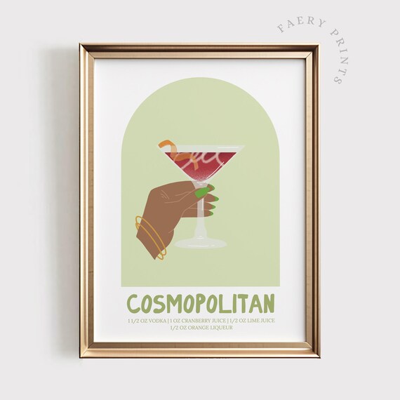 Cosmopolitan Cocktail Recipe Retro Bar Cart Mid Century Poster