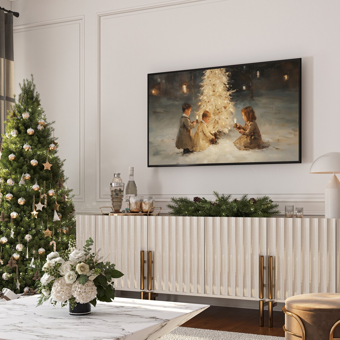 Silent Night Children With Candles By Glowing Tree Vintage Frame TV Art Poster - Image 2