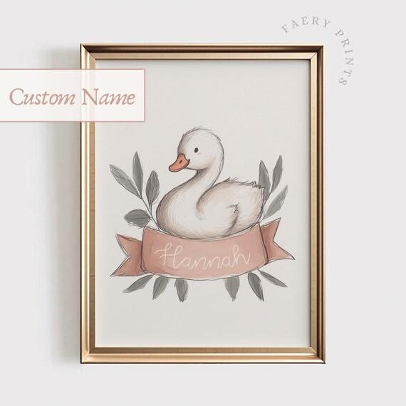 Custom Baby Name Nursery Print Vintage Swan Wall Art Pink Decor Personalized Girl 1251