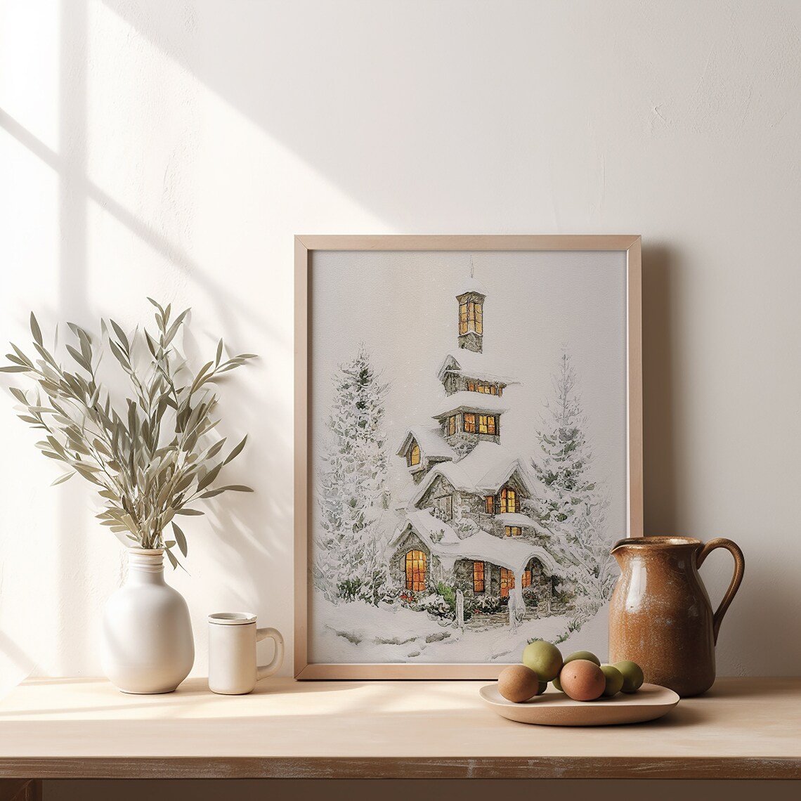 Winter Watercolor Print, Snowy Farmhouse Holiday Decor - Image 4