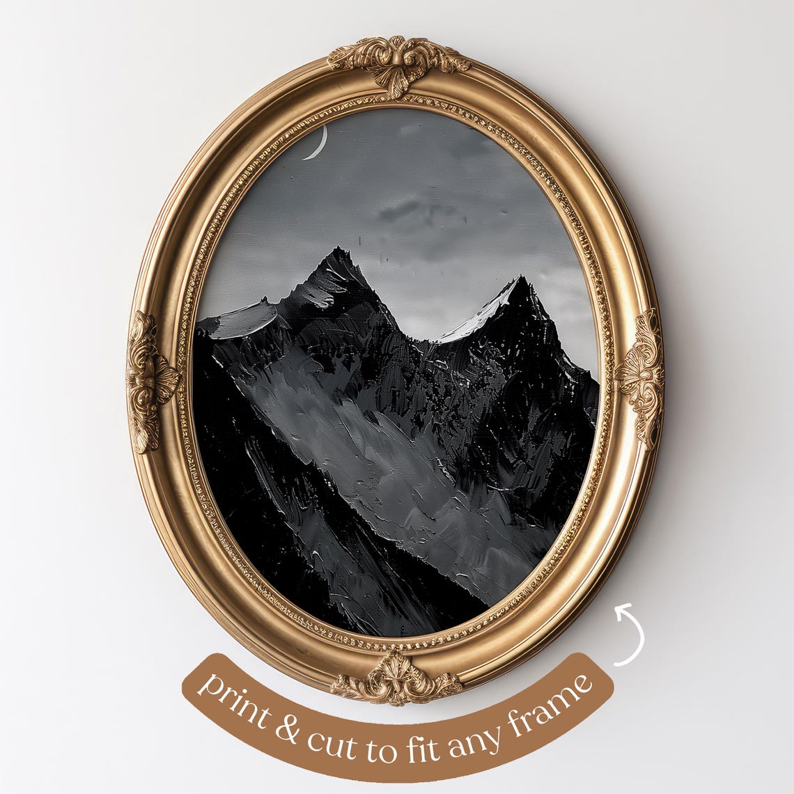 Black and White Mountain Peaks Under Crescent Moon Night Art Poster - Image 4
