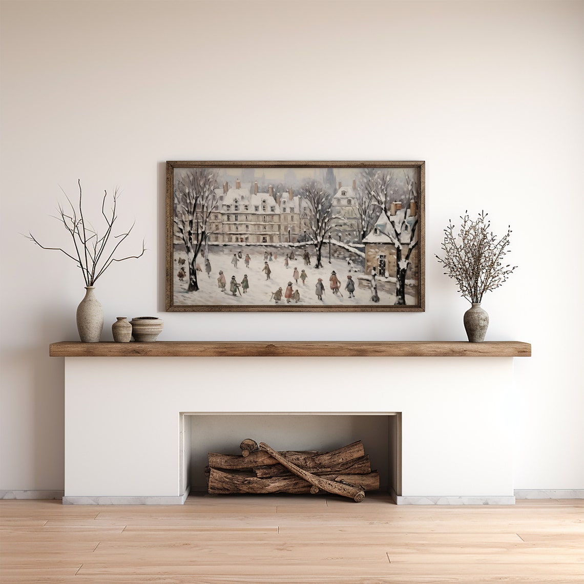 Vintage Winter Town Snowy Square Scene With Children Playing Poster