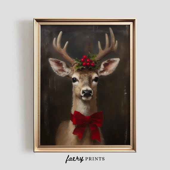 Festive Reindeer Christmas Wall Art, Holiday Print
