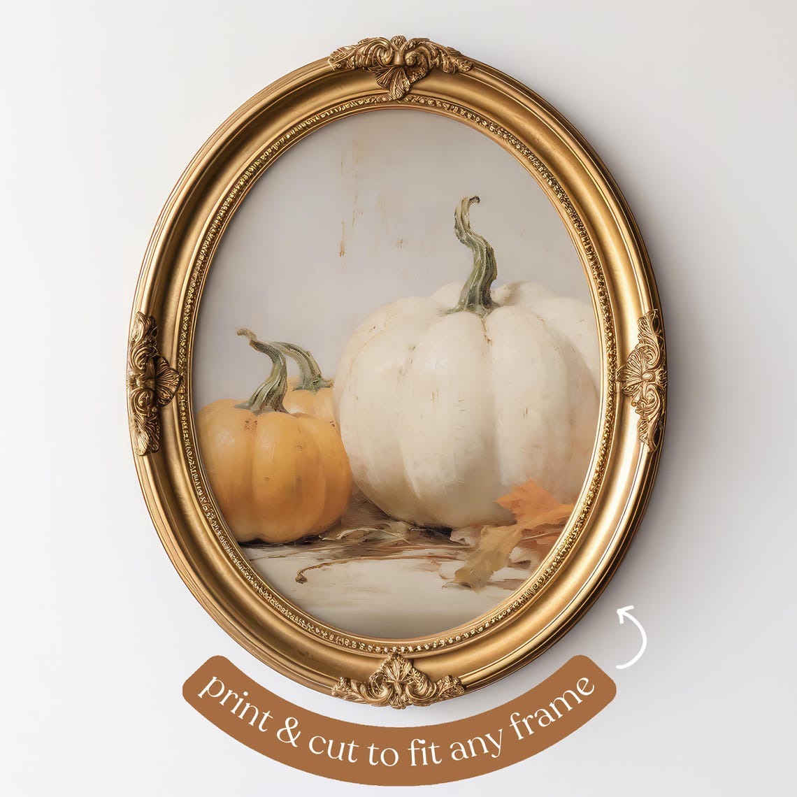 White Pumpkin with Orange Pumpkins Autumn Still Life Oil Poster - Image 4