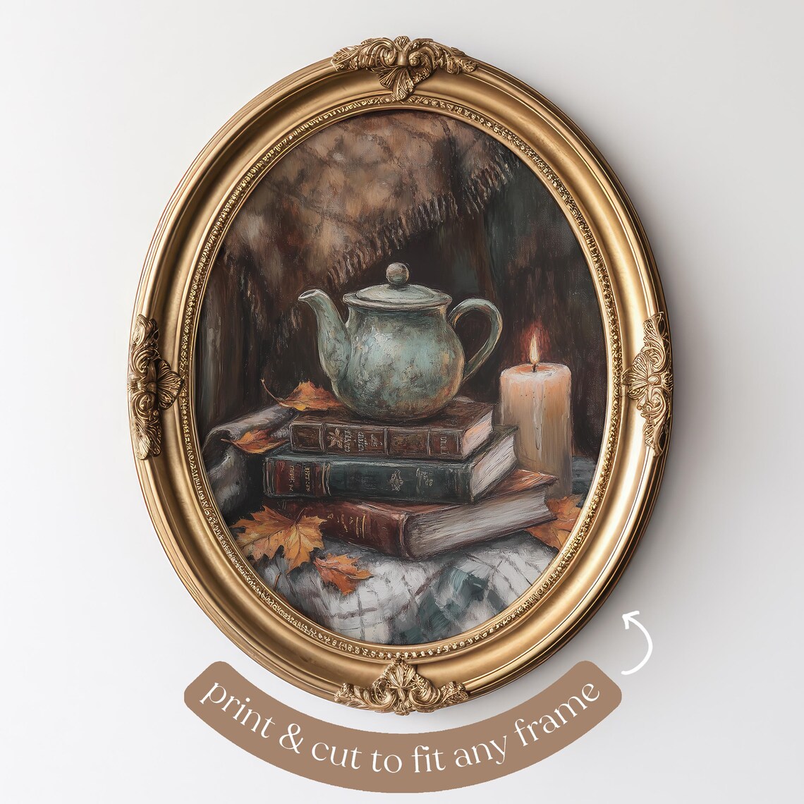 Vintage Teapot on Stack of Old Books with Candle Autumn Still Life Poster - Image 4