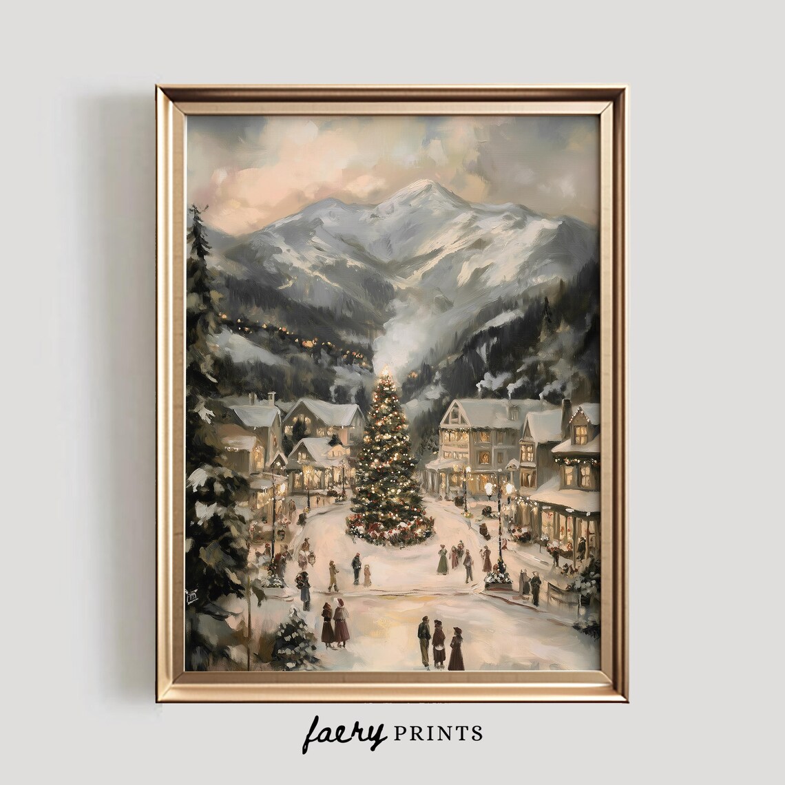 Christmas Village Art Print, Festive Winter Holiday Decor