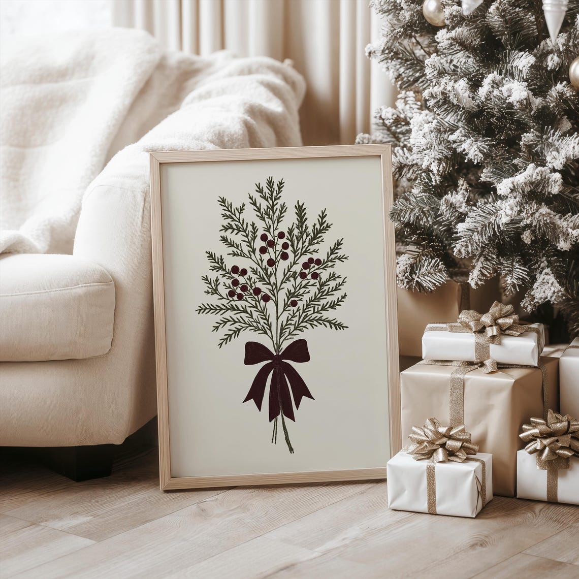 Evergreen Branches With Red Berries Tied With Burgundy Bow Poster