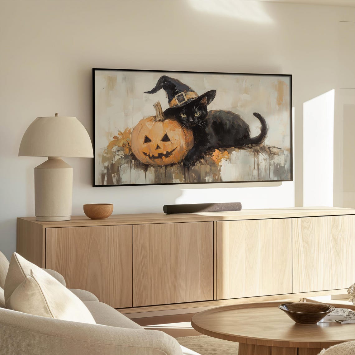Black Cat Wearing Witch Hat Beside Jack O Lantern Halloween Poster - Image 3