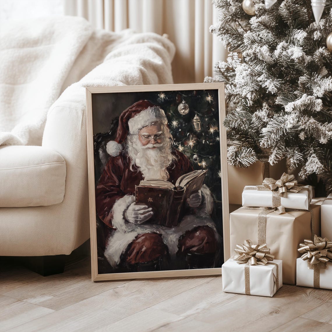 Vintage Santa Claus Reading by Christmas Tree Holiday Scene Poster - Image 3