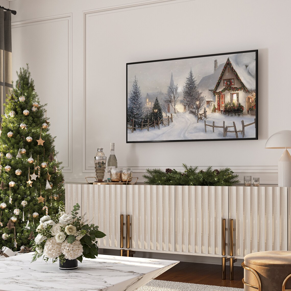 Winter Village Christmas Watercolor Town Art Print - Image 2