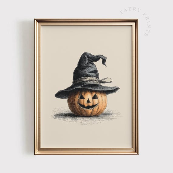 Pumpkin Illustration Wall Art Witch Hat Cute Halloween Fall Decor Vintage Sketch 1475