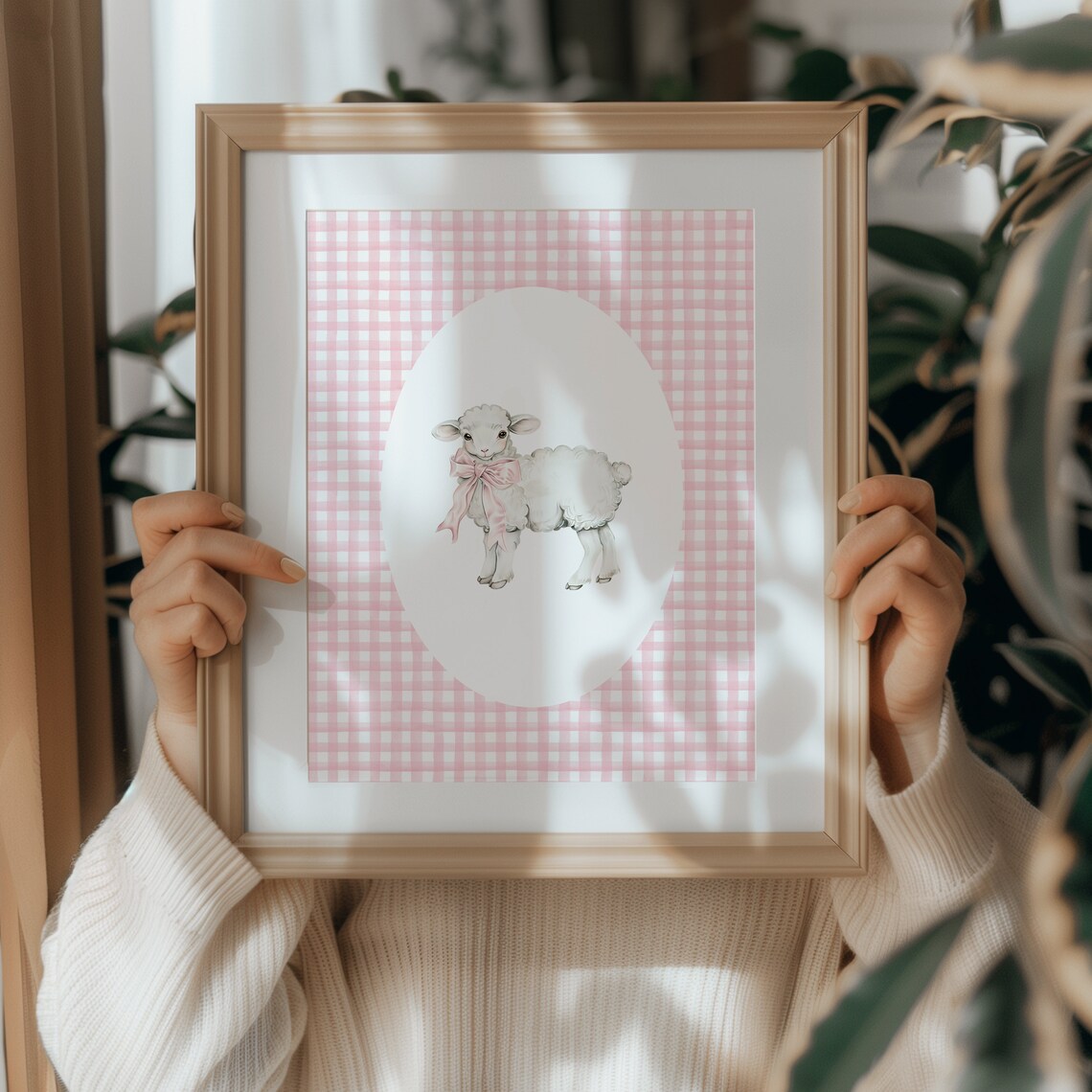 Lamb Nursery Print, Gingham Pink Cottagecore Decor - Image 2