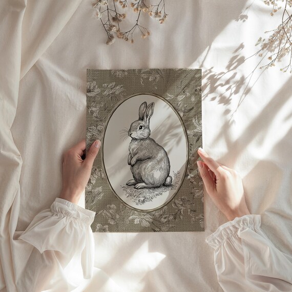 Vintage Rabbit Art, Neutral Nursery Farmhouse Print