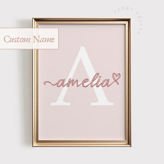 Personalized Pink Girls Name Initial Nursery Print With Script
