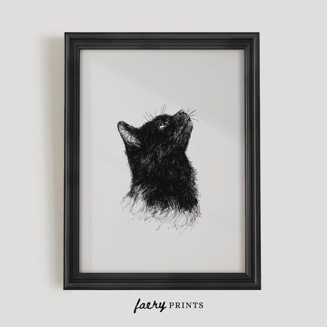 Black Cat Looking Up Ink Sketch Minimalist Pet Portrait Poster