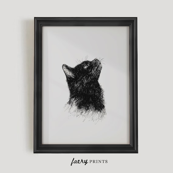 Black Cat Looking Up Ink Sketch Minimalist Pet Portrait Poster
