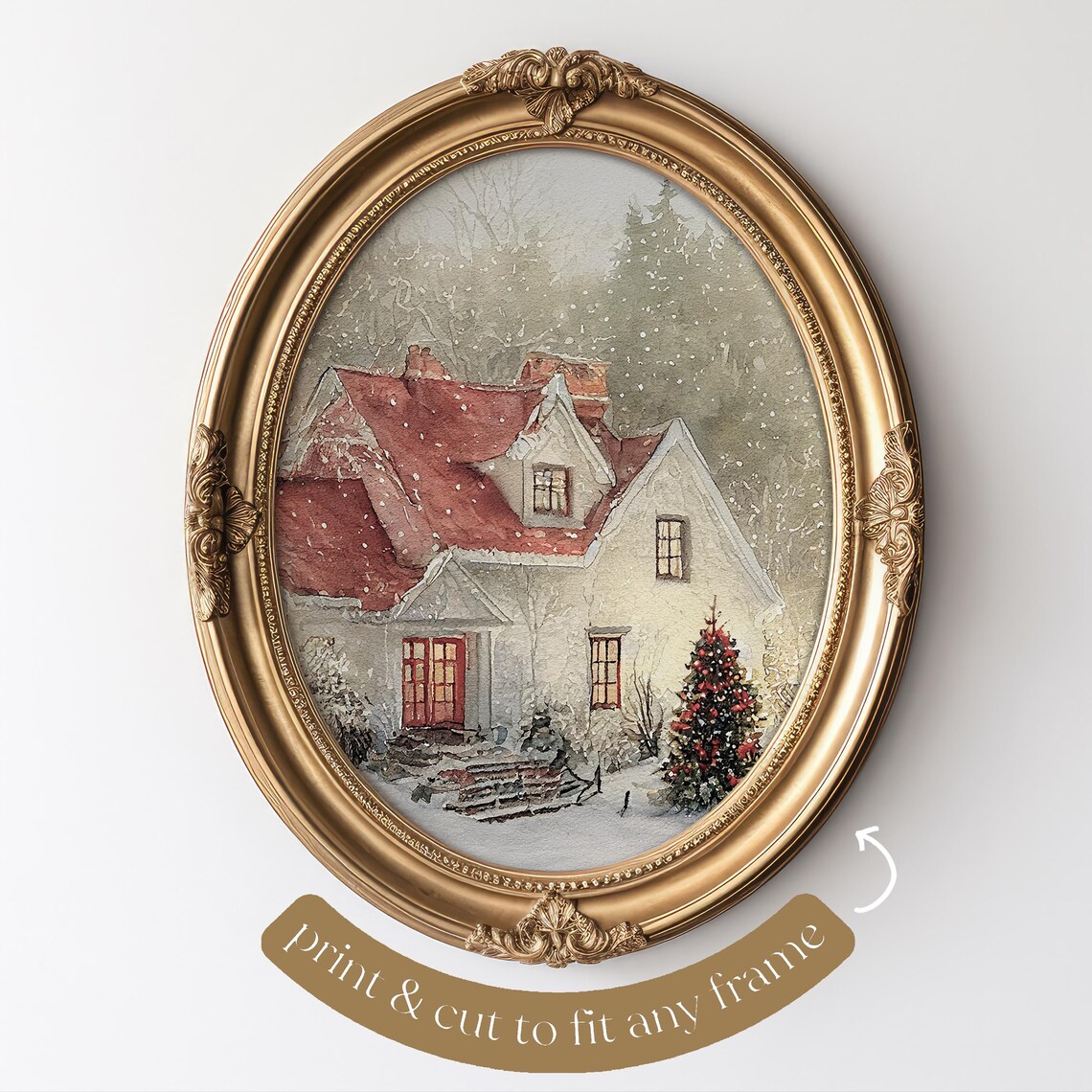 Winter Watercolor Christmas House Art Print - Image 3