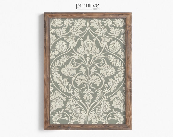 Green Textile Print Wall Art Vintage Textile Tapestry Decor Muted Tone Farmhouse Art Neutral Artwork Print 394