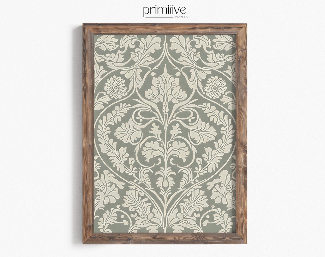 Sage Green Cream Damask Botanical Pattern Decorative Art Poster