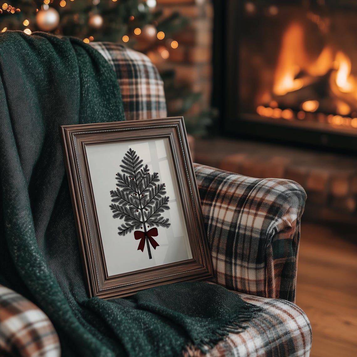 Etched Pine Christmas Tree with Red Bow Botanical Holiday Art Poster - Image 2