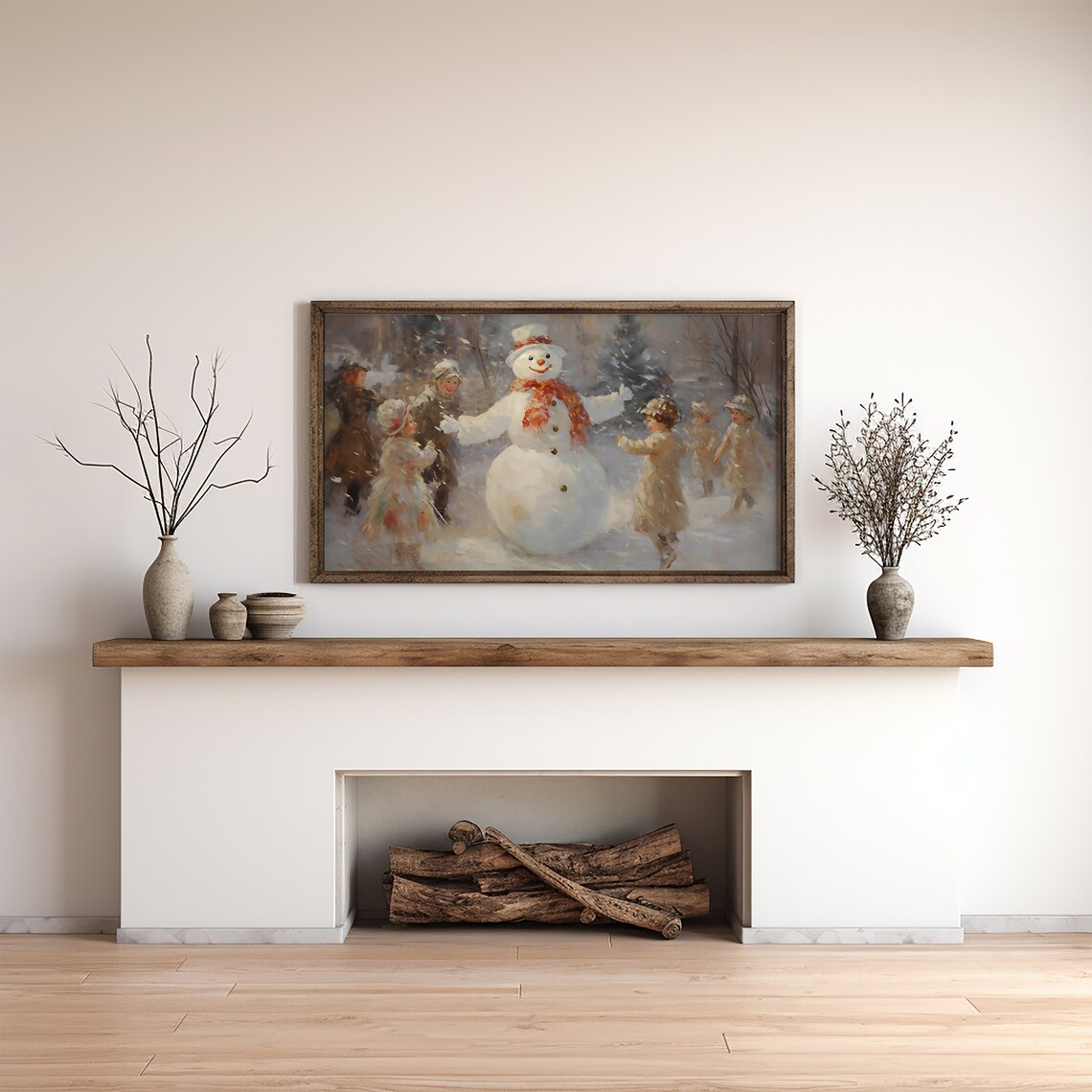 Charming Snowman With Children Vintage Winter Scene Frame TV Art Poster - Image 2