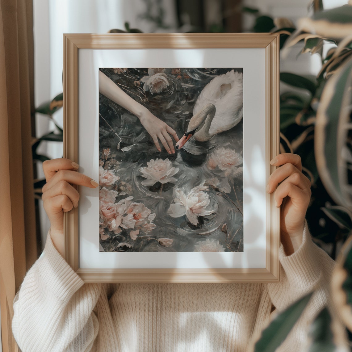 Swan Dark Water Hand Reaching Roses Moody Romantic Painting Poster - Image 4