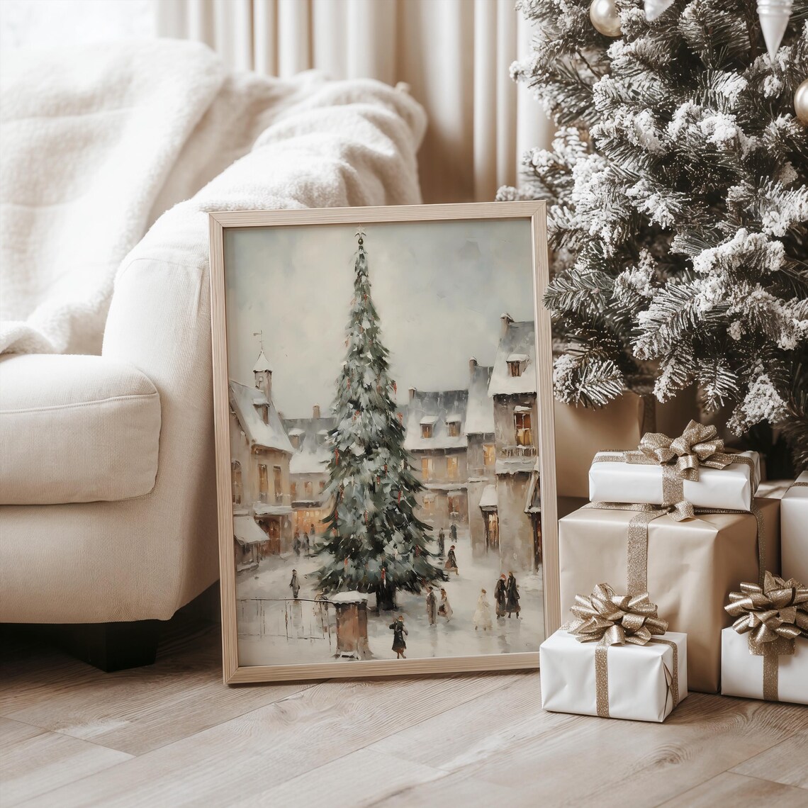 Winter Village Christmas Tree Art Print, Vintage - Image 2