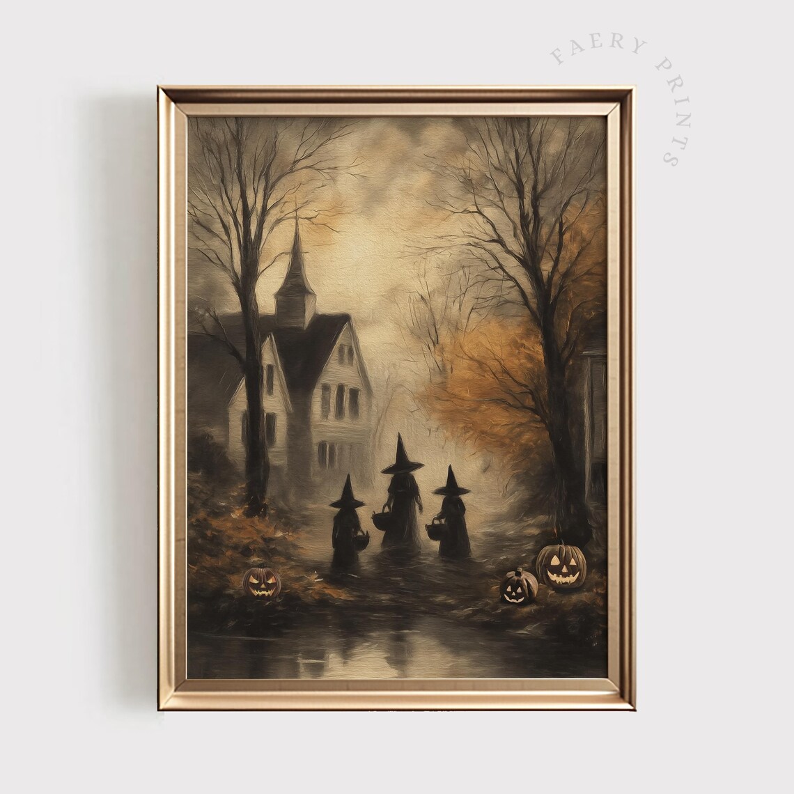Witch Halloween Haunted Town Vintage Art Print