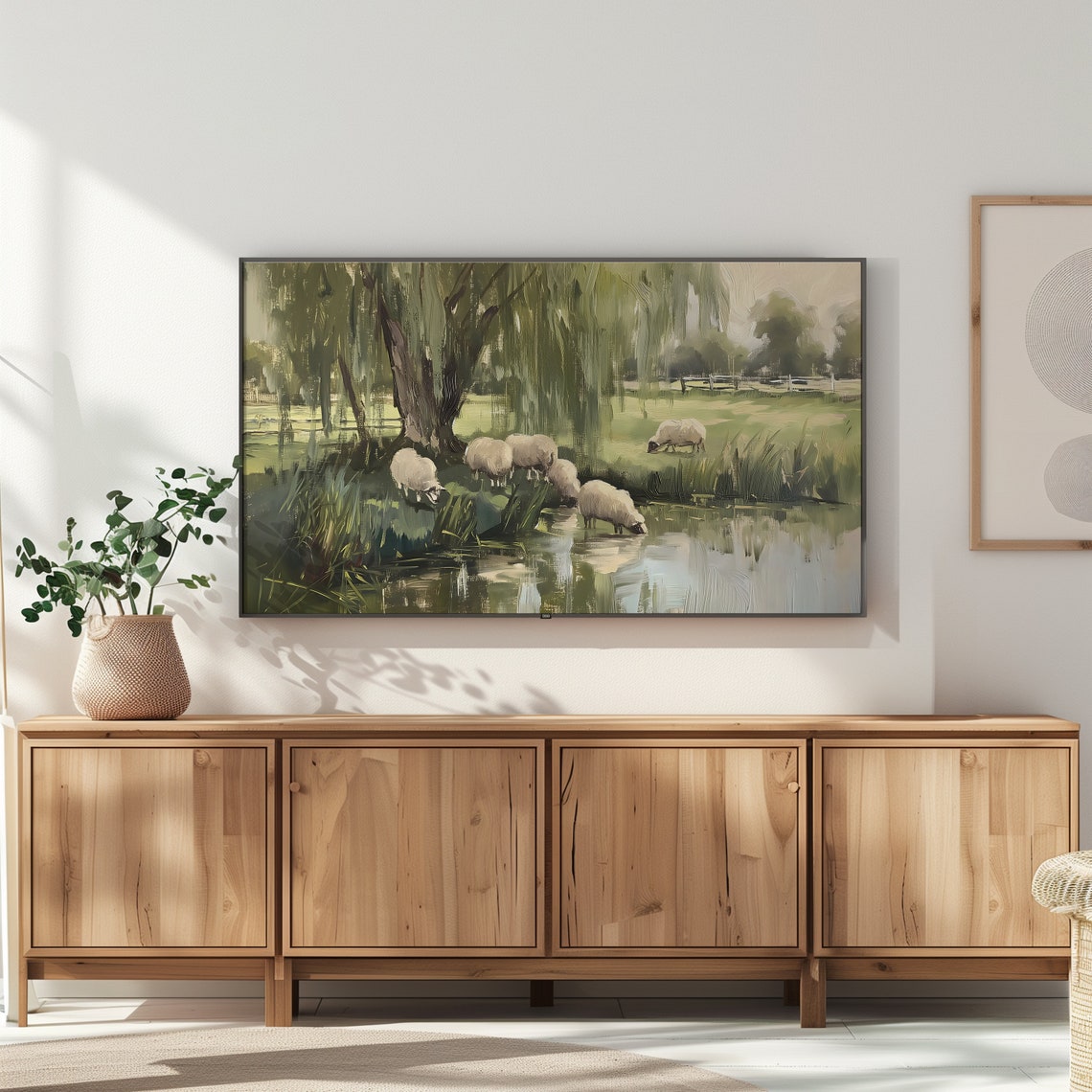 Sheep Drinking At A Pond Under Willows Vintage Country Poster