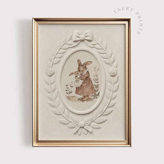 Mother Rabbit Hugging Baby Bunny Vintage Nursery Room Wall Art