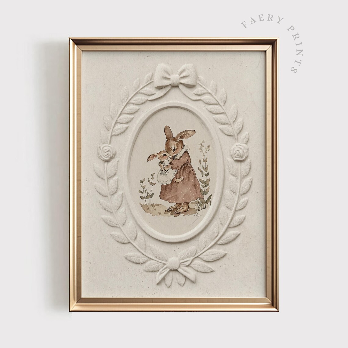 Mother Rabbit Hugging Baby Bunny Vintage Nursery Room Wall Art