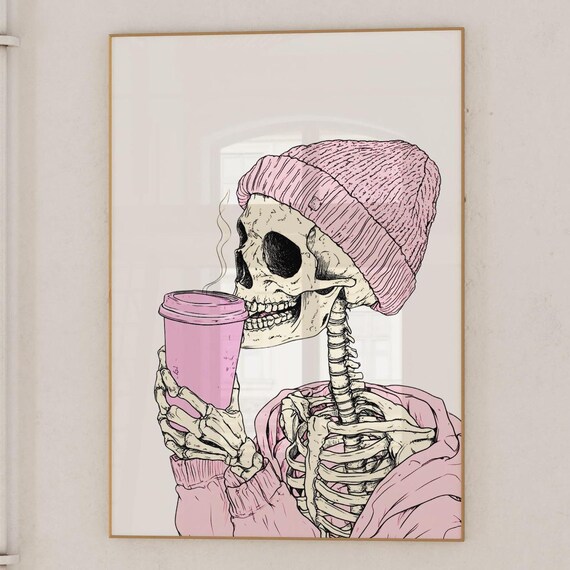Pink Skeleton Drinking Coffee With Pink Beanie And Hoodie Poster