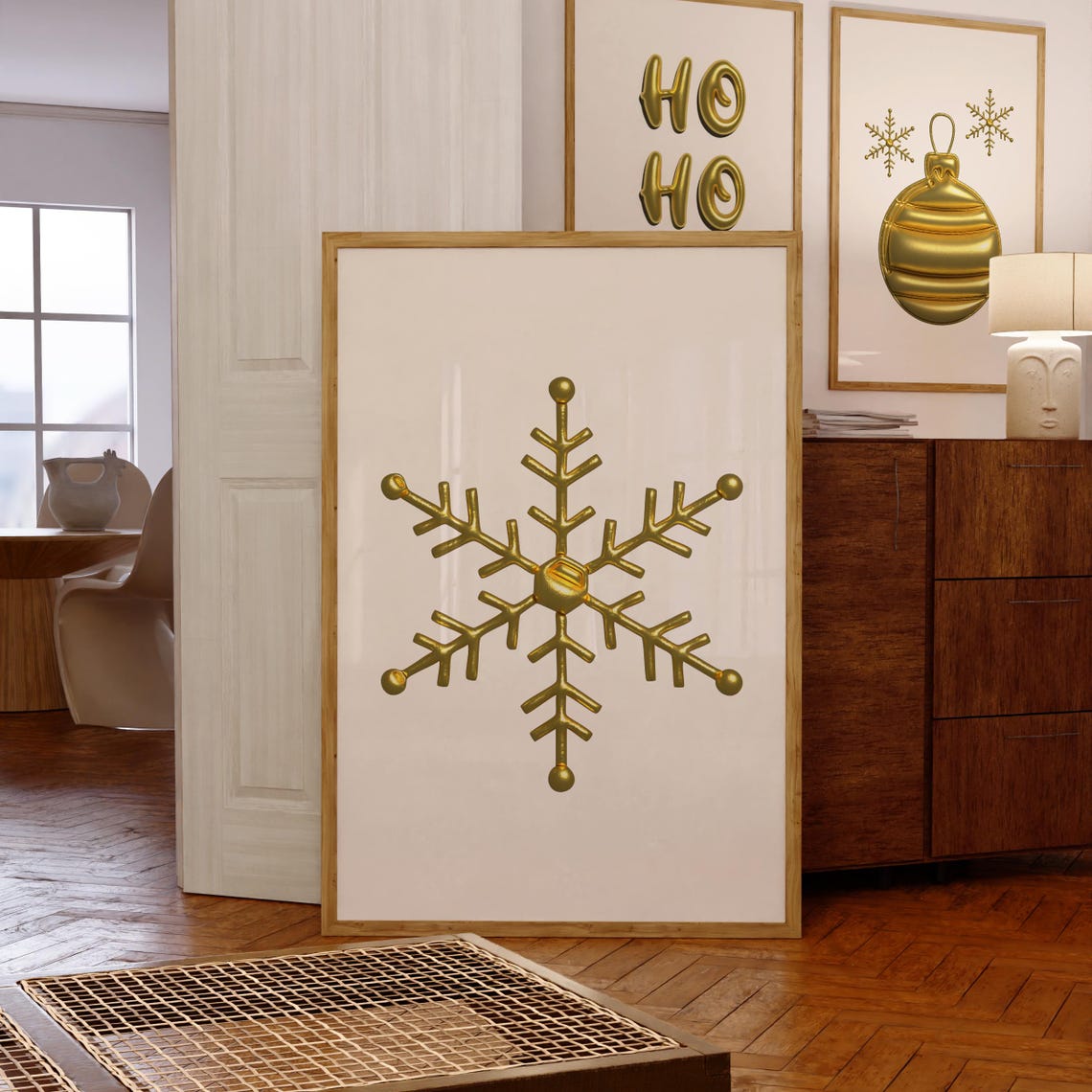 Gold 3D Snowflake Minimalist White Elegant Winter Holiday Art Poster - Image 3