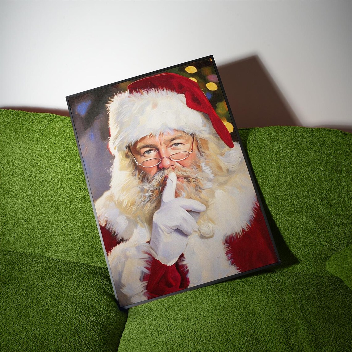 Shushing Santa Claus Finger To Lips Vintage Oil Painting Christmas Holiday Poster