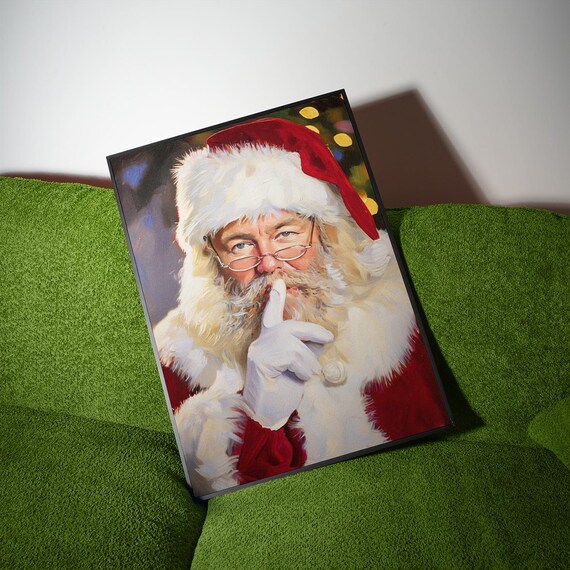 Shushing Santa Claus Finger To Lips Vintage Oil Painting Christmas Holiday Poster