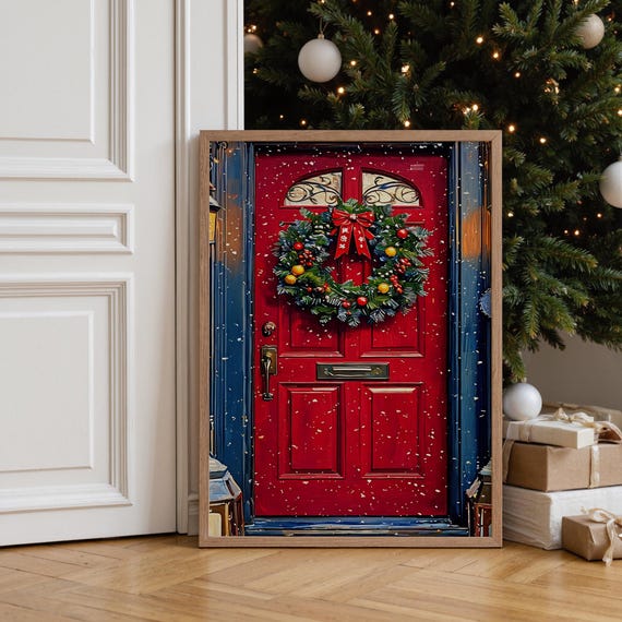 Red Front Door With Christmas Wreath Snowy Night Holiday Home Decor Poster