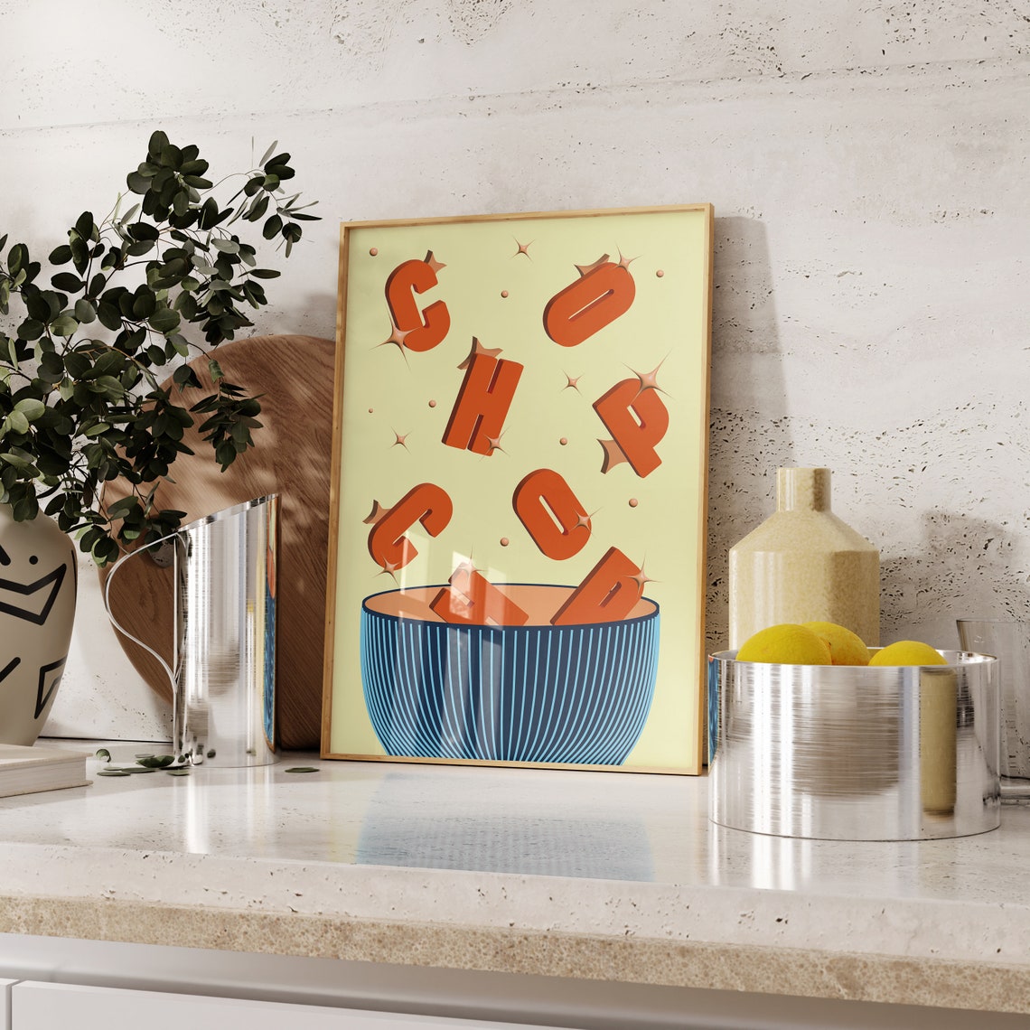 Chop Chop Playful Kitchen Orange Letters Falling Into Bowl Poster