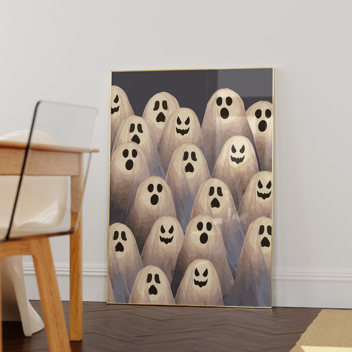Cute Sheet Ghosts Pattern Funny Faces Navy Blue Adorable Poster