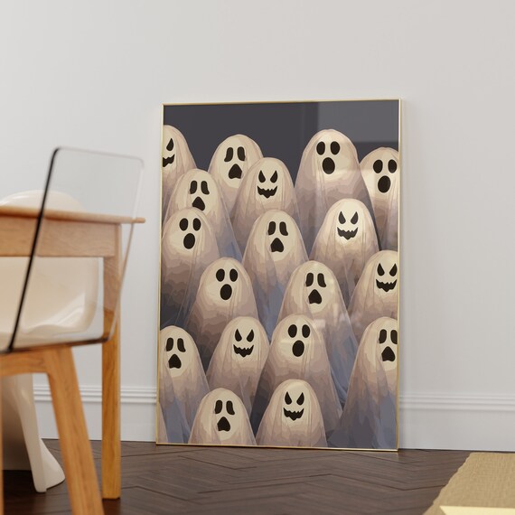 Cute Sheet Ghosts Pattern Funny Faces Navy Blue Adorable Poster
