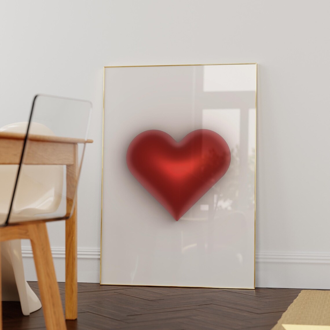 Red 3D Balloon Heart Minimalist White Love Romantic Modern Art Poster