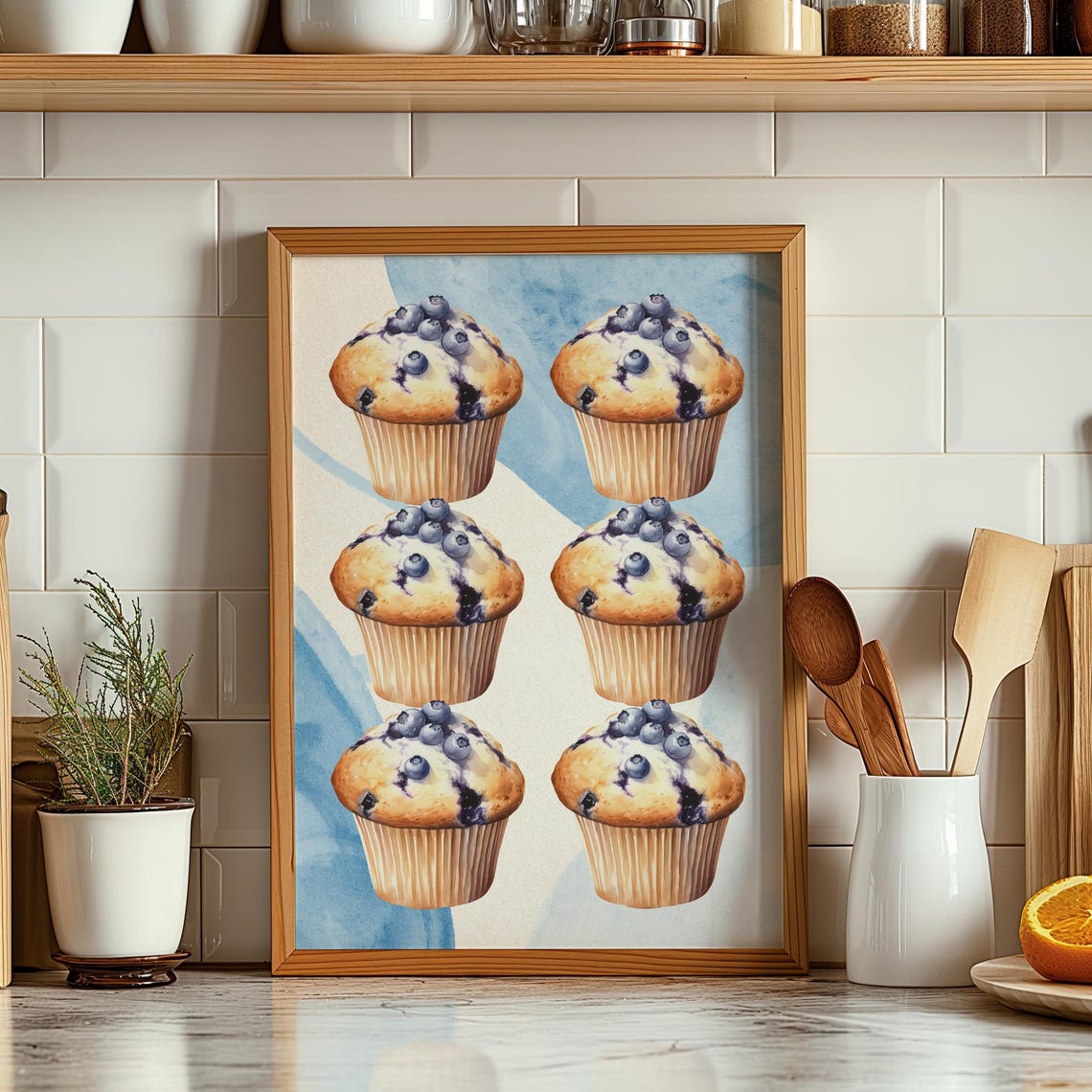 Blueberry Muffin Watercolor Kitchen Poster Six Muffins Baking Decor