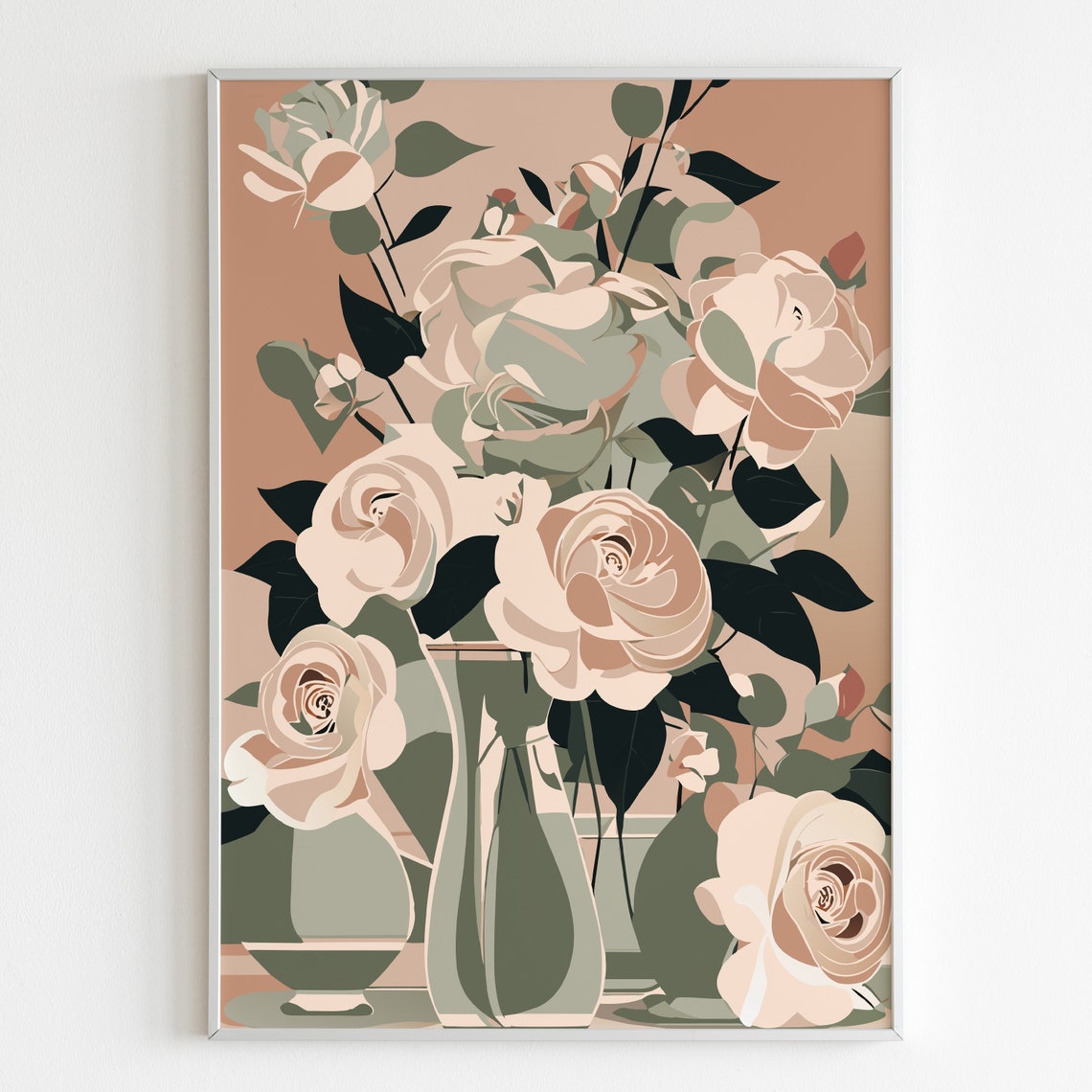Soft Blush Roses In Vases Sage Neutral Floral Illustration Poster