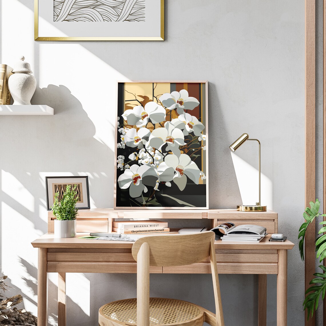 Glowing White Orchids Dark Elegant Floral Illustration Poster - Image 3