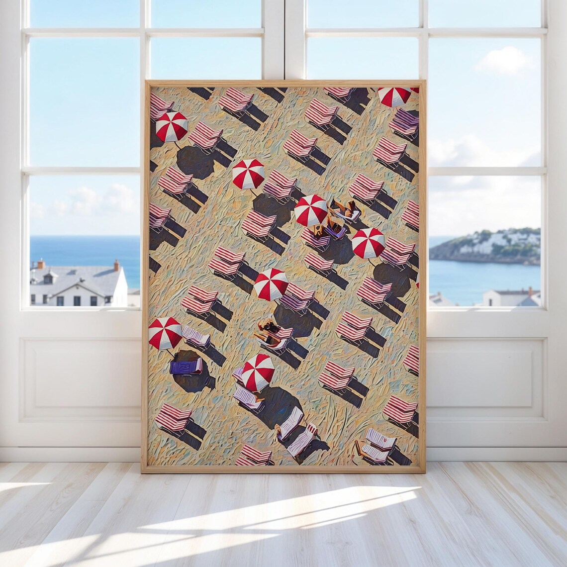 Aerial Beach Red Striped Umbrellas Lounge Chairs Summer Ocean Painting Poster