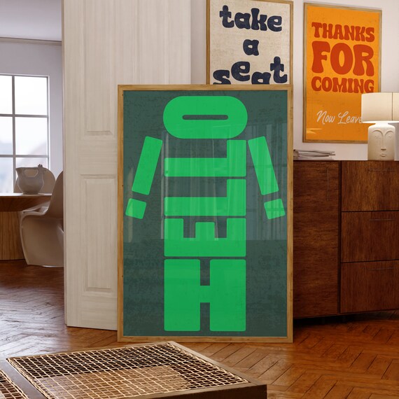 Hello Playful Green Letter People Quirky Hallway Greeting Poster