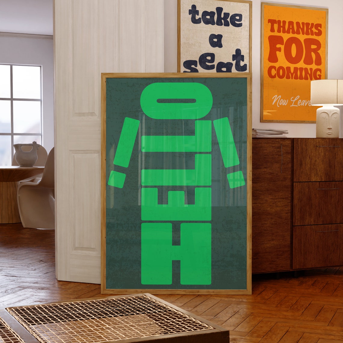 Hello Playful Green Letter People Quirky Hallway Greeting Poster