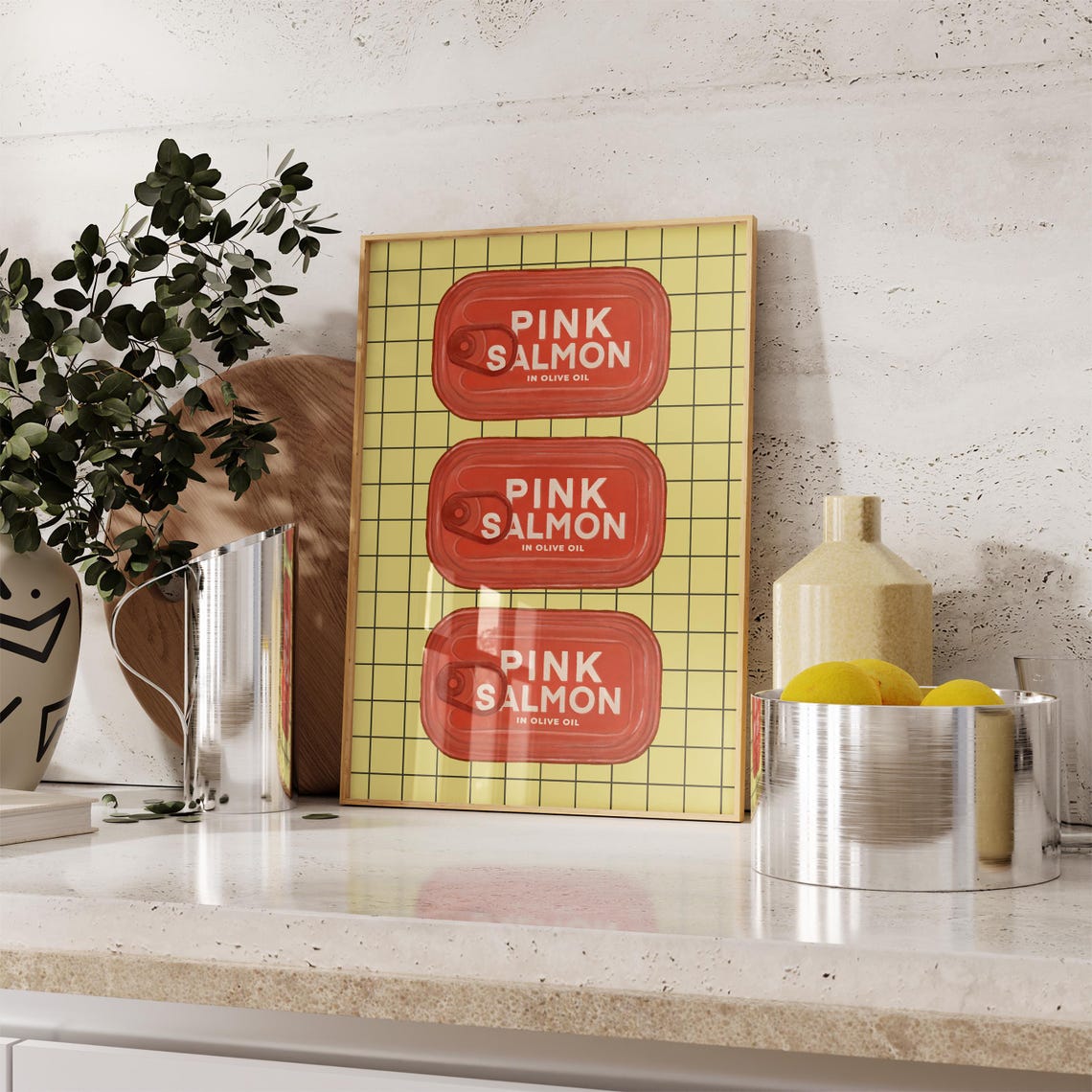 Pink Salmon in Olive Oil Vintage Tins Retro Kitchen Wall Art - Image 2