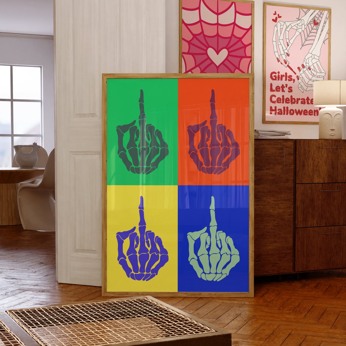Colorful Pop Art Skeleton Hand Middle Finger Four Panel Poster - Image 7