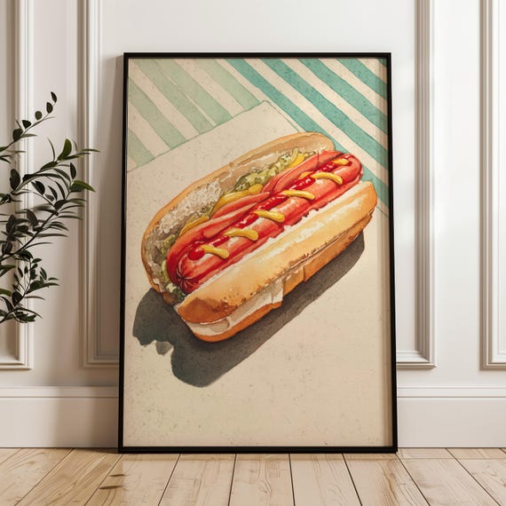 Food Art Poster Handdrawn Hot Dog Illustration On Matte Paper