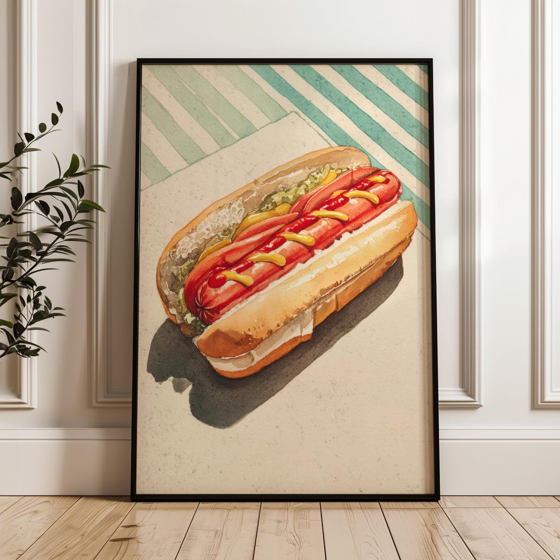 Classic Hot Dog With Ketchup Mustard Watercolor Kitchen Poster